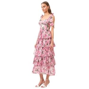 Sofie the Label Pink Floral Tiered Ruffle Midi Dress Bustier Bodice NWT Sz S